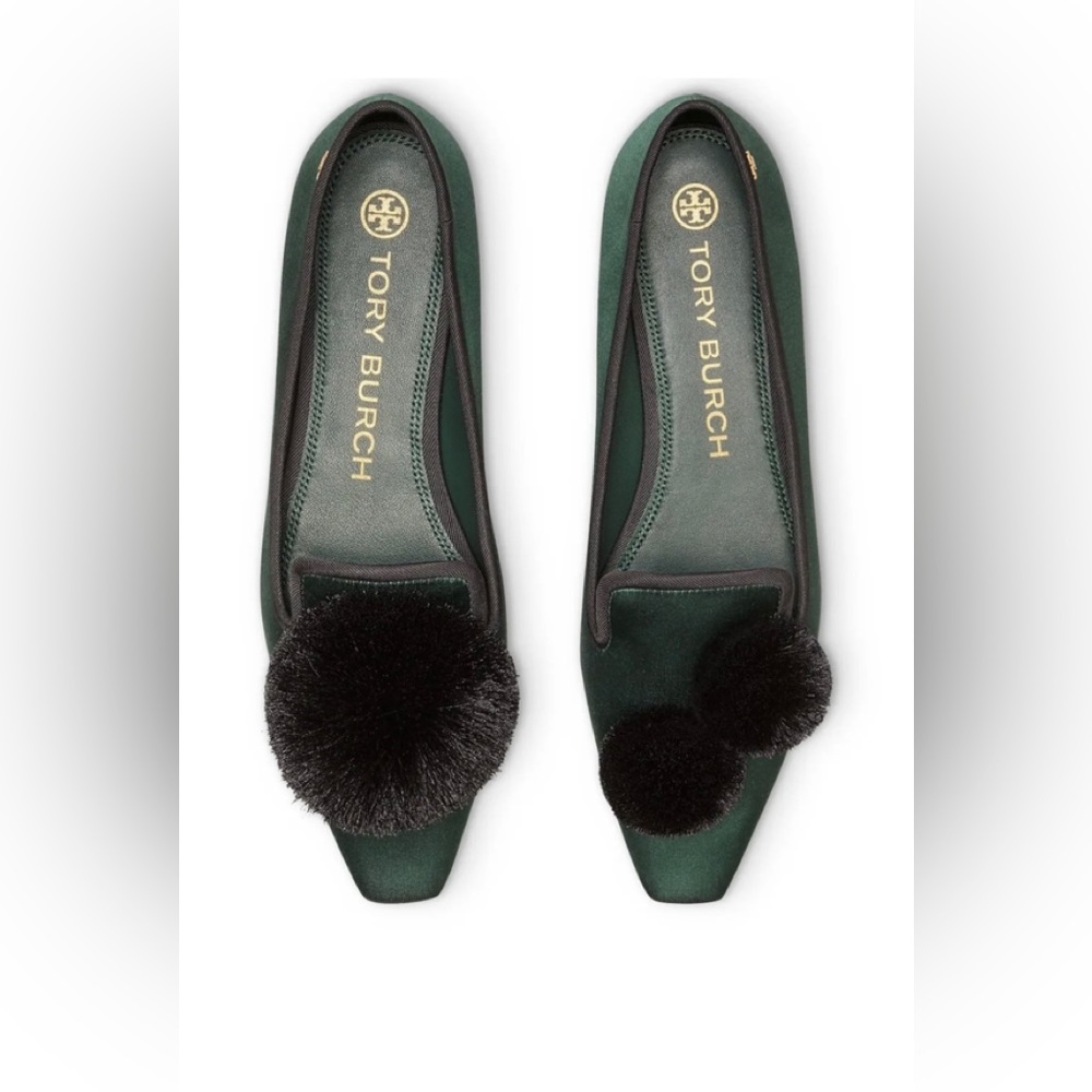 NWT Tory Burch Satin Pom Pom Smoking Loafers in Emerald Green, Brand New in box - Picture 4 of 13